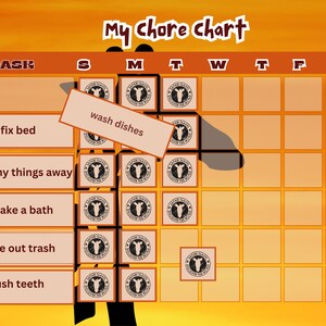May include: A chore chart with a yellow background and a black silhouette of a person. The chart is divided into days of the week and tasks, such as "fix bed", "put my things away", "take a bath", "take out trash", and "brush teeth".