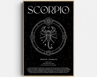 May include: A rectangular wall art print featuring a black background with white celestial constellations. The word SCORPIO is at the top, followed by a central scorpion illustration within a circular frame, dates, and descriptive text.