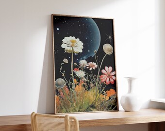 Starry Meadow | Surreal Print | Abstract Wall Art | Ethereal Retro Poster