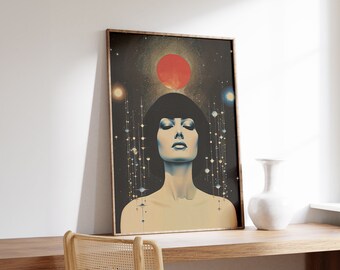 Red Moon | Surreal Print | Abstract Wall Art | Ethereal Retro Poster