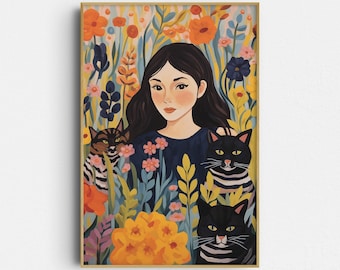Cat Print: A Girl With Cats - Whimsical Wall Art (Giclée Print)