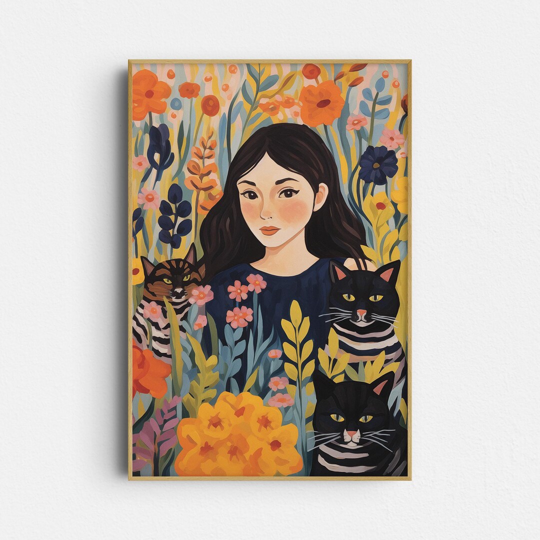 Cat Printable: A Girl With Cats - Whimsical Wall Art (digital Download ...