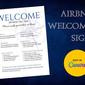 Signo de bienvenida de Airbnb Tema náutico, cartel de alquiler vacacional, cartel de llegada de huéspedes, plantilla editable, carta de EE. UU. y A4
