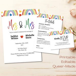 Conjunto de modelos de convites para casamento lésbico com arco-íris, Sra. e Sra. Cartões de RSVP e detalhes do casamento editáveis, código QR