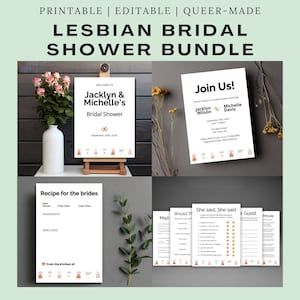 Pacote de chá de panela para lésbicas - plantas e corações Boho, inclui placa de boas-vindas, cartão de convite, cartão de receitas e 12 jogos de chá de panela, LGBTQ
