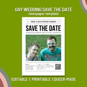 Puede incluir: Un anuncio de boda gay estilo periódico para guardar la fecha. El titular dice "Save the Date" con los nombres de la pareja, Robert y Andrew, debajo. Una foto de la pareja aparece en el centro del anuncio. El texto "Join Us" y "RSVP" se incluye con detalles sobre la boda.