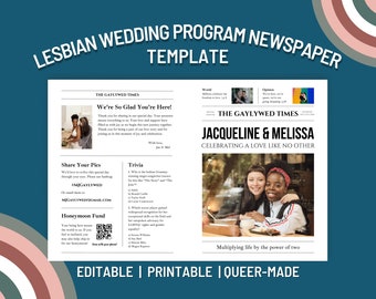 Lesbische Hochzeit Zeitung Programm Vorlage, Frau und Frau bearbeitbare Zeitung, Zeitung Hochzeitsplan, Same Sex Hochzeit Details Karte, LGBT