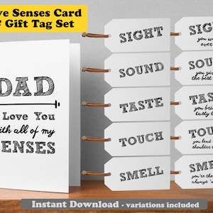 Five Senses Gift Tags and Card for Father | Variations for Dad, Daddy, Papa, Baba, Grandpa and more included | Sight Sound Taste Touch Smell