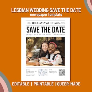 Modelo de jornal para salvar a data de casamento lésbico editável, cartão de data para casamento do mesmo sexo, casamento LGBTQ personalizável para impressão