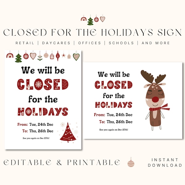 Holiday Hours Office Closed Sign - Etsy