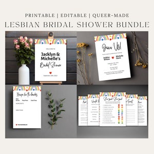 Pacote de chá de panela para lésbicas - arco-íris, LGBTQ, cartão de convite, placa de boas-vindas, cartão de receitas, 12 jogos de chá de panela, pacote de casamento para duas noivas