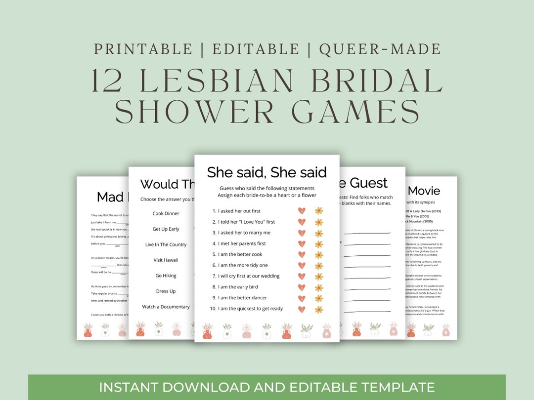 Lesbian Bridal Shower Games - Boho Plants and Hearts, Editable Template ...
