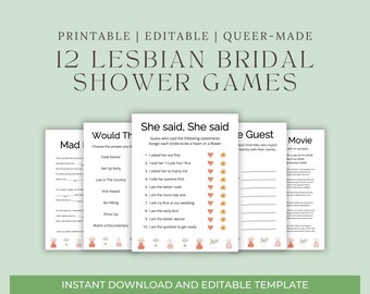 Lesbian Bridal Shower Games - Boho Plants and Hearts, Editable Template, Instant Download, LGBTQ Wedding Celebration Games, Queer Made