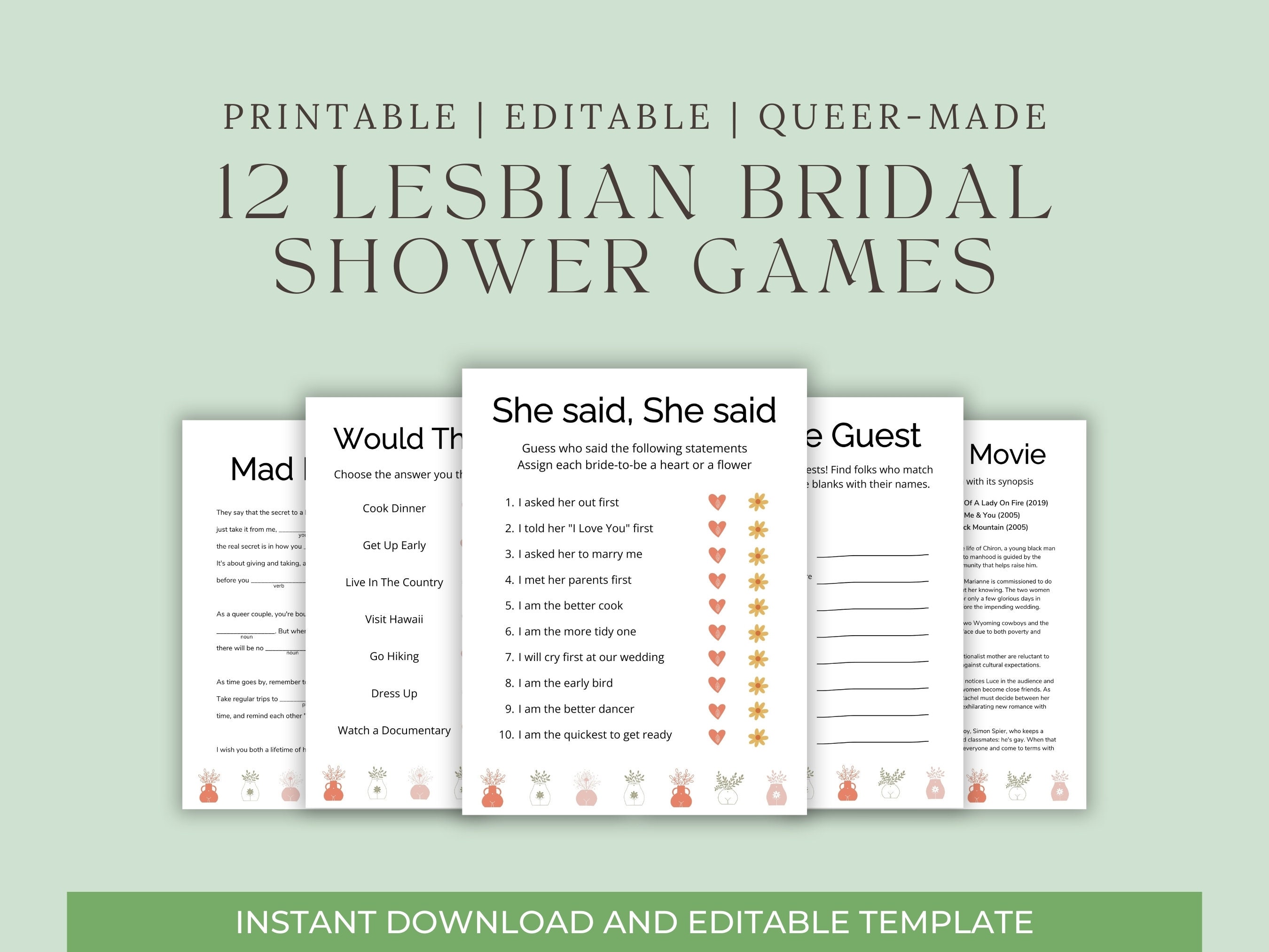 Lesbian Bridal Shower Games Boho Plants and Hearts, Editable Template ...