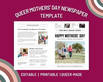 Lesbische Moederdag Krant Sjabloon, Afdrukbaar LGBTQ Moeders Dag Cadeau, Bewerkbare sjabloon voor twee moederfamilies, Gepersonaliseerd cadeau voor moeder