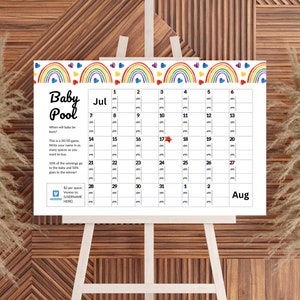 Jogo de adivinhar a data do parto para chá de bebê com arco-íris, jogo de calendário de aniversário de bebê, jogo de previsão de bebê editável, quadro de apostas de sinuca para bebês