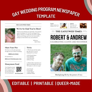 Könnte beinhalten: Eine druckbare Hochzeits-Programm-Zeitungsschablone für eine schwule Hochzeit. Die Zeitung trägt den Titel "The Gaylywed Times" und zeigt die Namen "Robert & Andrew" mit dem Slogan "Celebrating a love like no other".