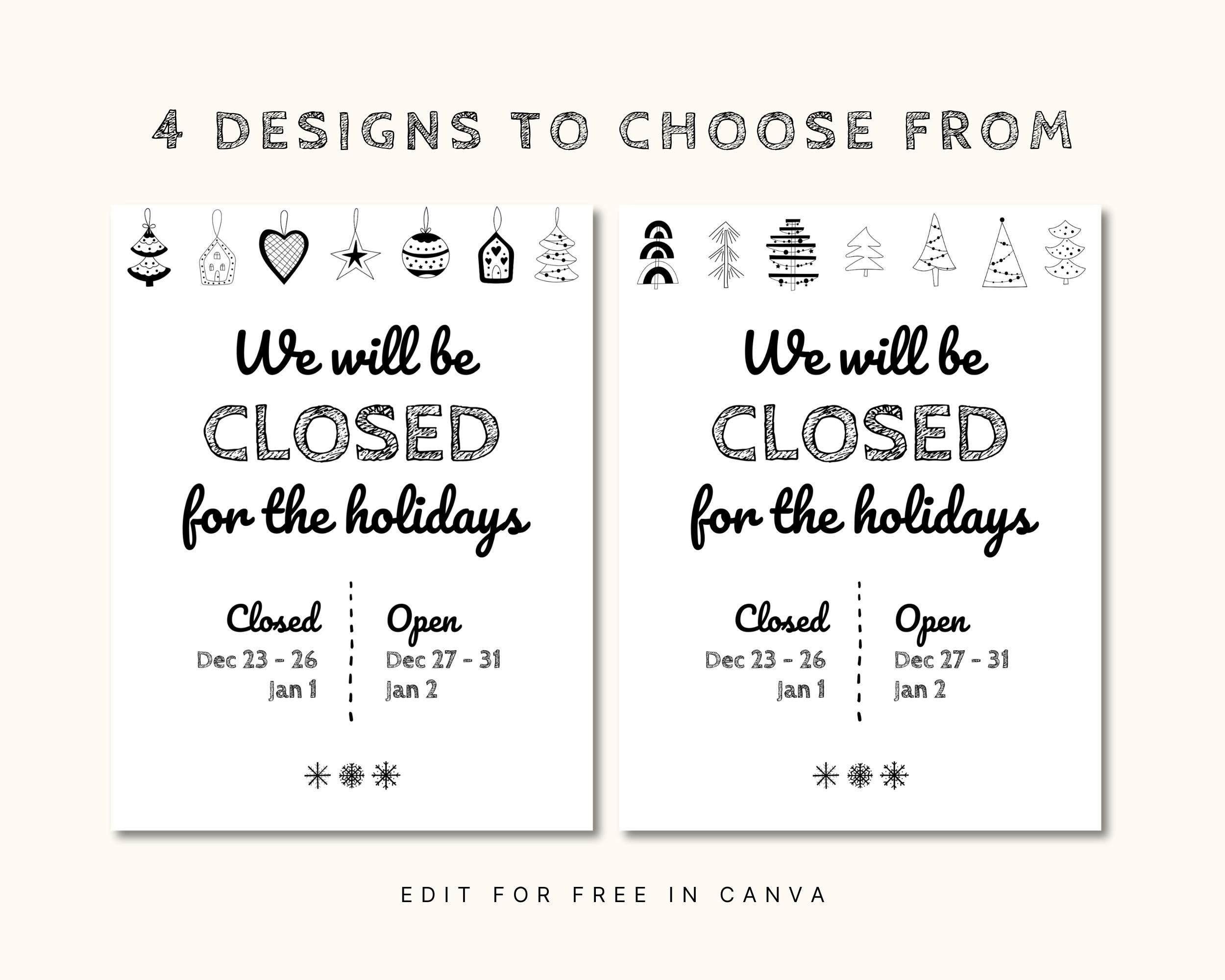 Closed for the Holidays Sign, Black N White Sketch, Business Winter ...
