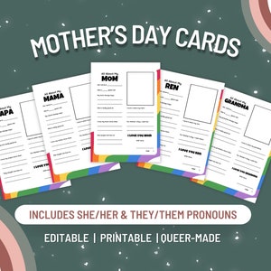 Biglietti modificabili per la festa della mamma: disegni arcobaleno inclusivi LGBTQ con pronomi lei/lei e loro/loro, biglietti stampabili da riempire in bianco realizzati in modo queer