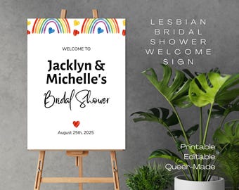 Lesbian Bridal Shower Party Welcome Sign in Rainbow Design, Customizable Two Bride Hen Party Signage, Same Sex Bridal Shower Party Poster