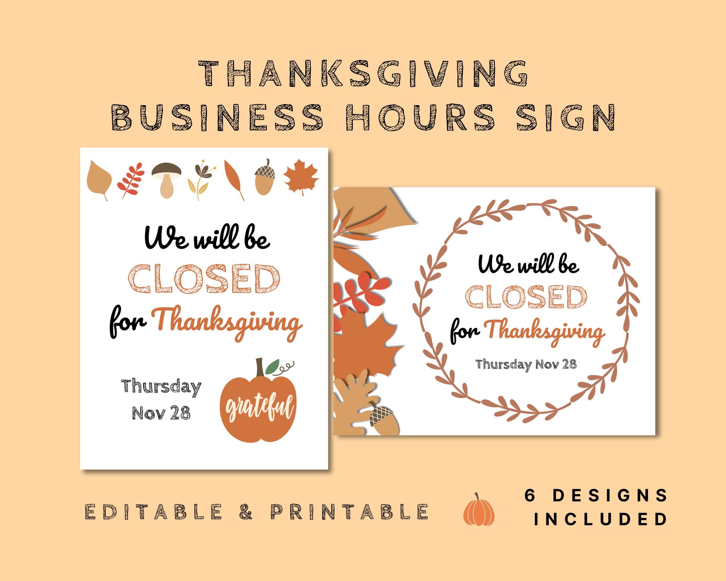 closed for thanksgiving sign with pumpkins and fall leaves