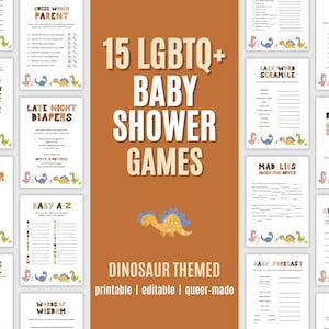 LGBTQ Baby Shower Games with Dinosaur Theme, Printable, Editable and Queer-Made