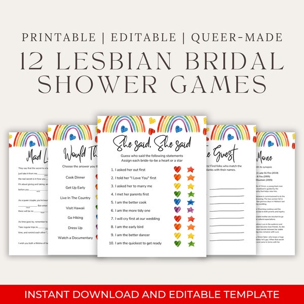 Lesbian Bridal Shower Games, Editable Canva Template and Instant Download Bundle, Two Brides Wedding Shower, LGBTQ Wedding Celebration Games