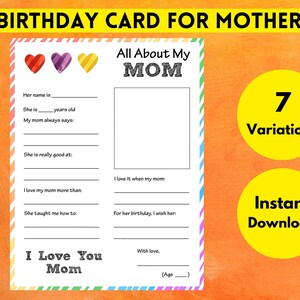 tudo sobre meu cartão de aniversário da mãe | Preencha o espaço em branco | 7 variações incluindo mamãe, mamãe, mamãe, mamãe, vovó, Nana e um espaço em branco