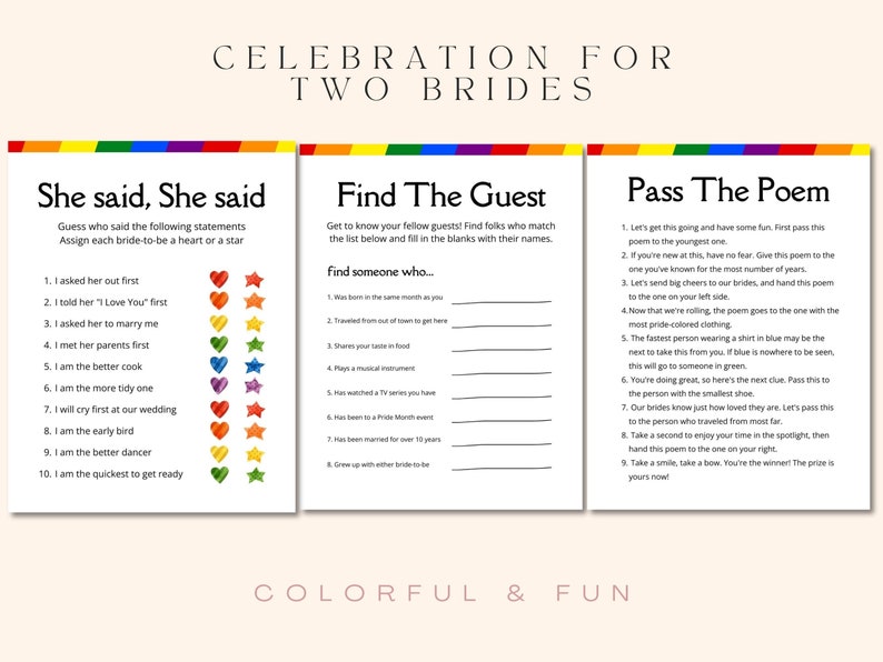 Lesbian Bridal Shower Games - Pride Stripe Design, Editable Canva ...