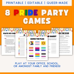 May include: Eight printable Pride party games with rainbow arches and hearts. The games include "Plate on Your Head", "A-Z", "Guess the Flag", "Match the Guest", and "Match the Icon".