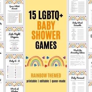 Juegos para baby shower queer con diseño de arcoíris, juegos para baby shower lésbicos, juegos para baby shower gay, juegos para baby shower LGBTQ