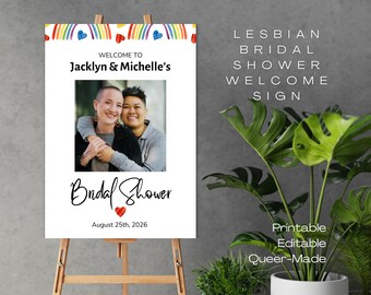 Lesbian Bridal Shower Welcome Sign with Photo, Customize Picture Hen Do Party Sign, Editable Two Brides Wedding Shower Signage, LGBTQ