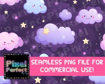 May include: A seamless pattern featuring cute cartoon clouds with smiling faces and stars on a dark purple background. The clouds are in shades of pink, blue, and purple.