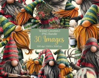 May include: A digital art bundle featuring illustrations of winter gnomes. The gnomes have long beards, pointed hats with red and green stripes, and are in various poses. The image includes the text "Winter Gnomes I PNG Bundle 30 Images".