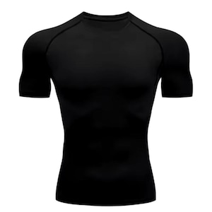 May include: Black short-sleeved compression shirt with a crew neck and a textured design.