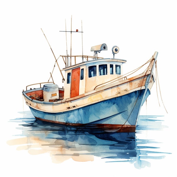 12 Aquarelle rétro bateau de pêche clipart bundle, utilisation commerciale, téléchargement numérique, téléchargement instantané, Aquarelle Lighthouse Clipart