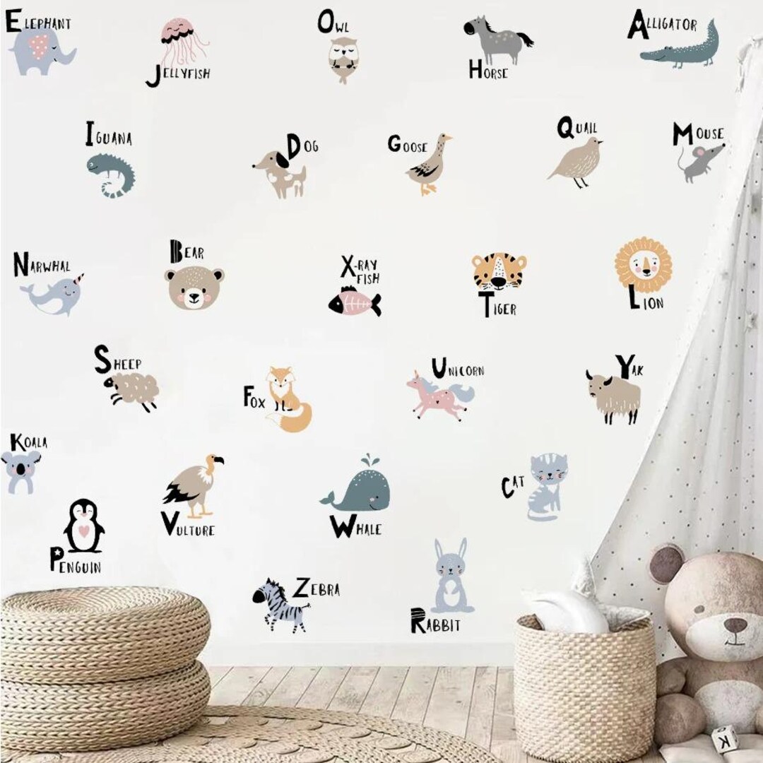Cute Animal Alphabet Wall Stickers – English Letters & Words for Kids ...