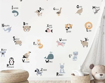 Cute Animal Alphabet Wall Stickers – English Letters & Words for Kids Nursery, Kindergarten, Classroom, Bedroom Window Décor