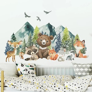 Children's Room Wall Sticker Whimsical Forest Animal Wall Stickers Bear Deer Rabbit for Kids Room Nursery Baby Room Playroom Decoration