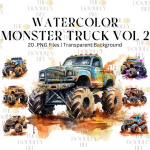 2o Monster truck Watercolor Clipart bundle for commercial use - Instant download -watercolor/clipart/monster truck/instant download/ VOL 2