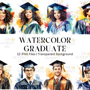 Graduation Watercolor Clipart, 12 Watercolor Graduate Clipart, Student Graduation Clipart, PNG Digital Download, commercial use, Printable