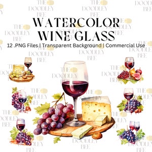 Clipart bicchiere di vino ad acquerello, 12 JPG di alta qualità, arte, download digitale istantaneo, creazione di carte, artigianato con carta digitale, uso commerciale