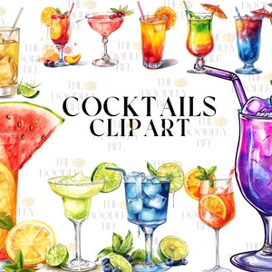 Clipart cocktail aquarelle PNG Signature menu de boissons Sublimations DIY pour créer des cadeaux uniques pour le menu du bar avec ce lot de cliparts, usage commercial