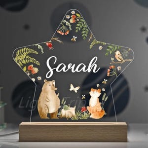 Custom Name Night Light for Boys – Jungle Safari Nursery Lamp with Elephant, Teddy Bear & Stars – Personalized Acrylic Light Kids Bedroom