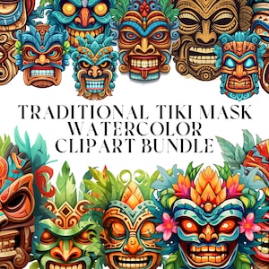 48 traditionelle Tiki Maske Aquarell Clipart PNG Bundle, kommerzielle Nutzung, digitaler Download, sofortiger Download, digitaler Planer, Sublimation