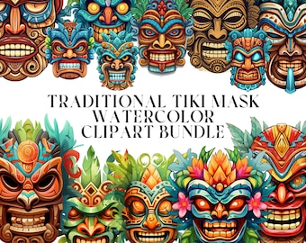 48 traditional Tiki mask watercolor clipart PNG bundle, commercial use, digital download, instant download, digital planner, Sublimation