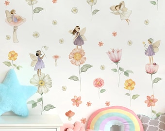Boho Fairy Garden Wall Sticker – Watercolor Flower Fairies Vinyl Decal for Girls Room, Nursery, Kids Bedroom, Baby Room & Home Decor Gift