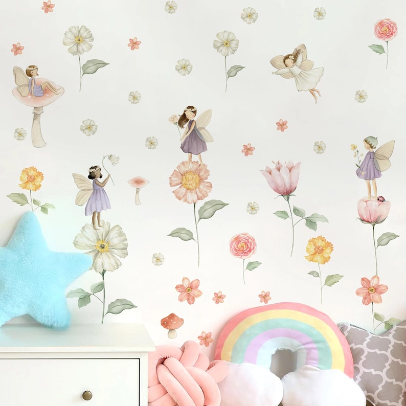 Boho Fairy Garden Wall Sticker – Watercolor Flower Fairies Vinyl Decal ...