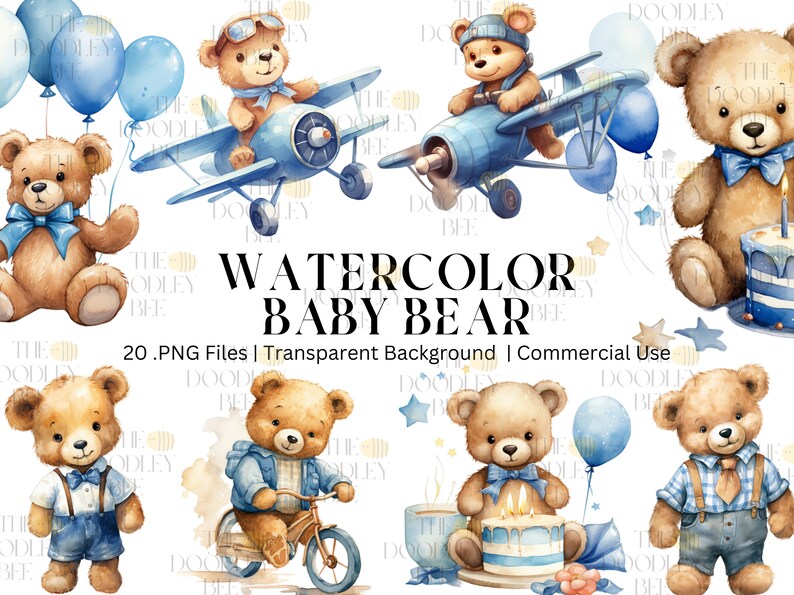 Watercolor Teddy Bear Clip Art Clipart Pack, Baby Shower for a Boy ...
