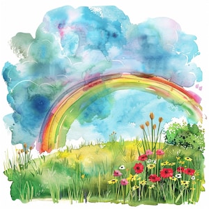 Clipart acquerello arcobaleno prato, 12 PNG di alta qualità, arte dell'acquerello, download digitale, creazione di cartoline, supporti misti, creazione di carta digitale